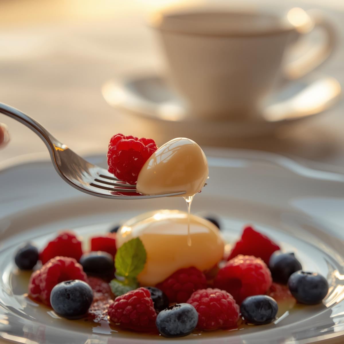 Small portion of condensed milk dessert served with berries