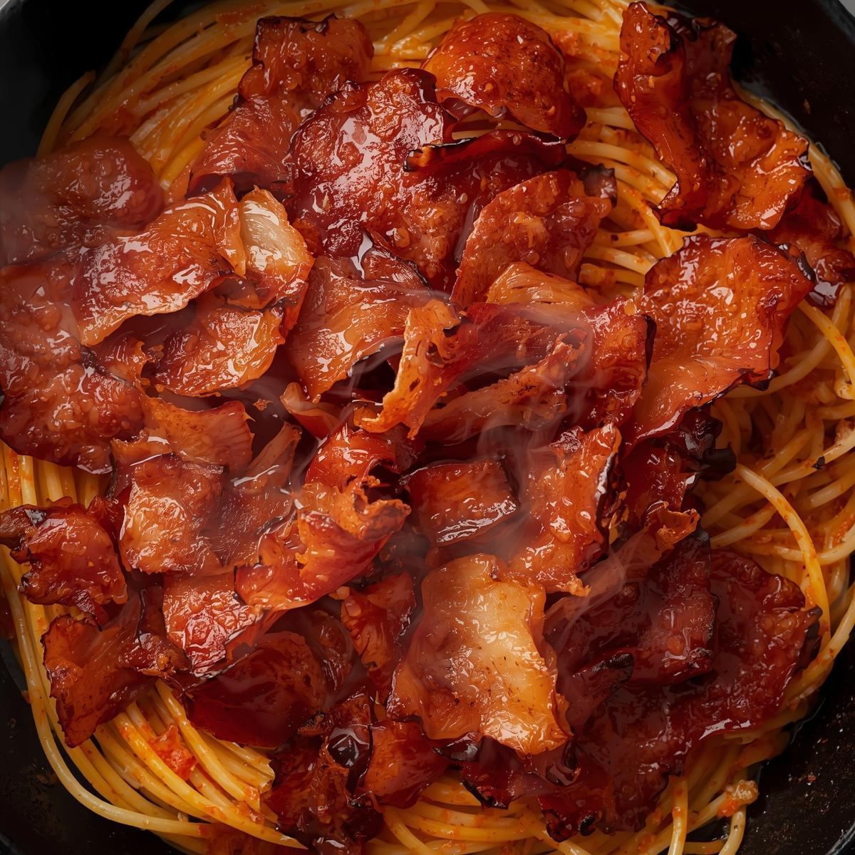 Hot pasta served immediately with small amount of crispy pancetta