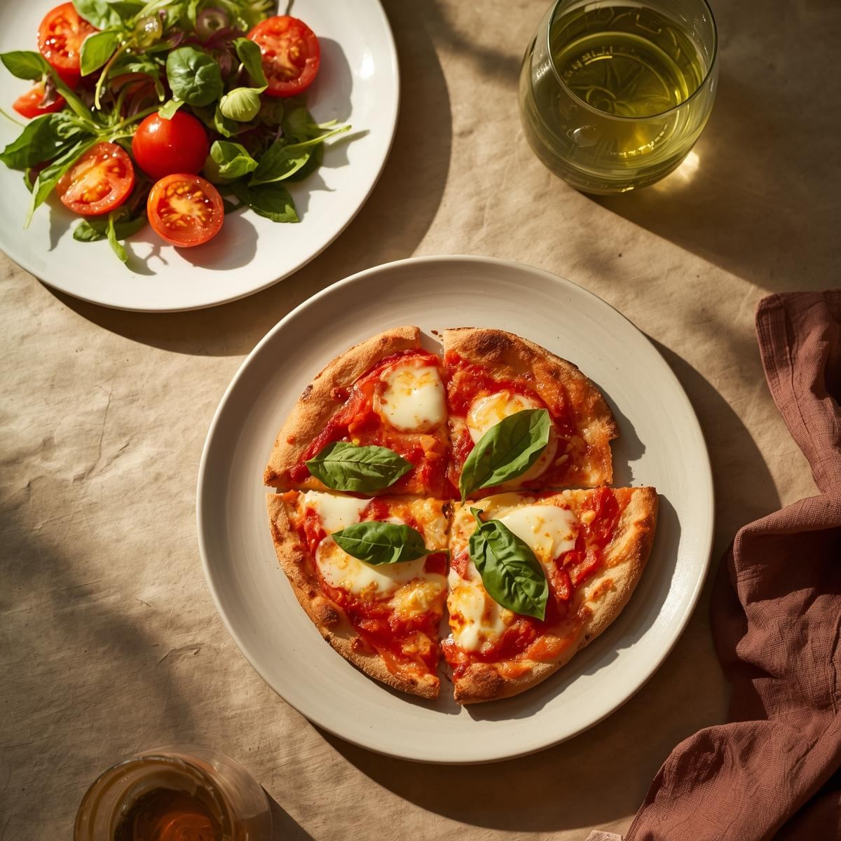 Small serving of Margherita pizza with side salad