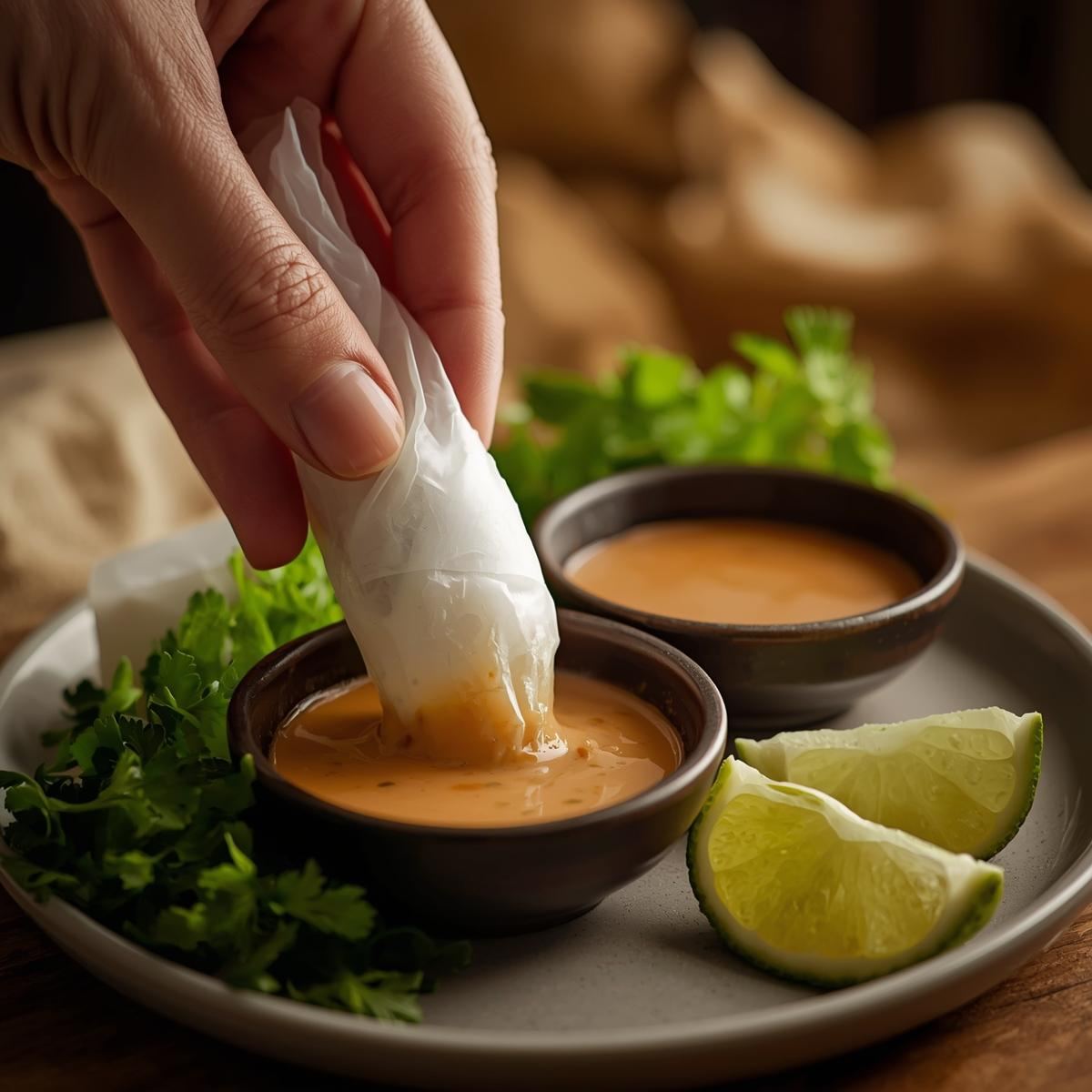 Rice paper roll being dipped into peanut sauce with herbs on the side
