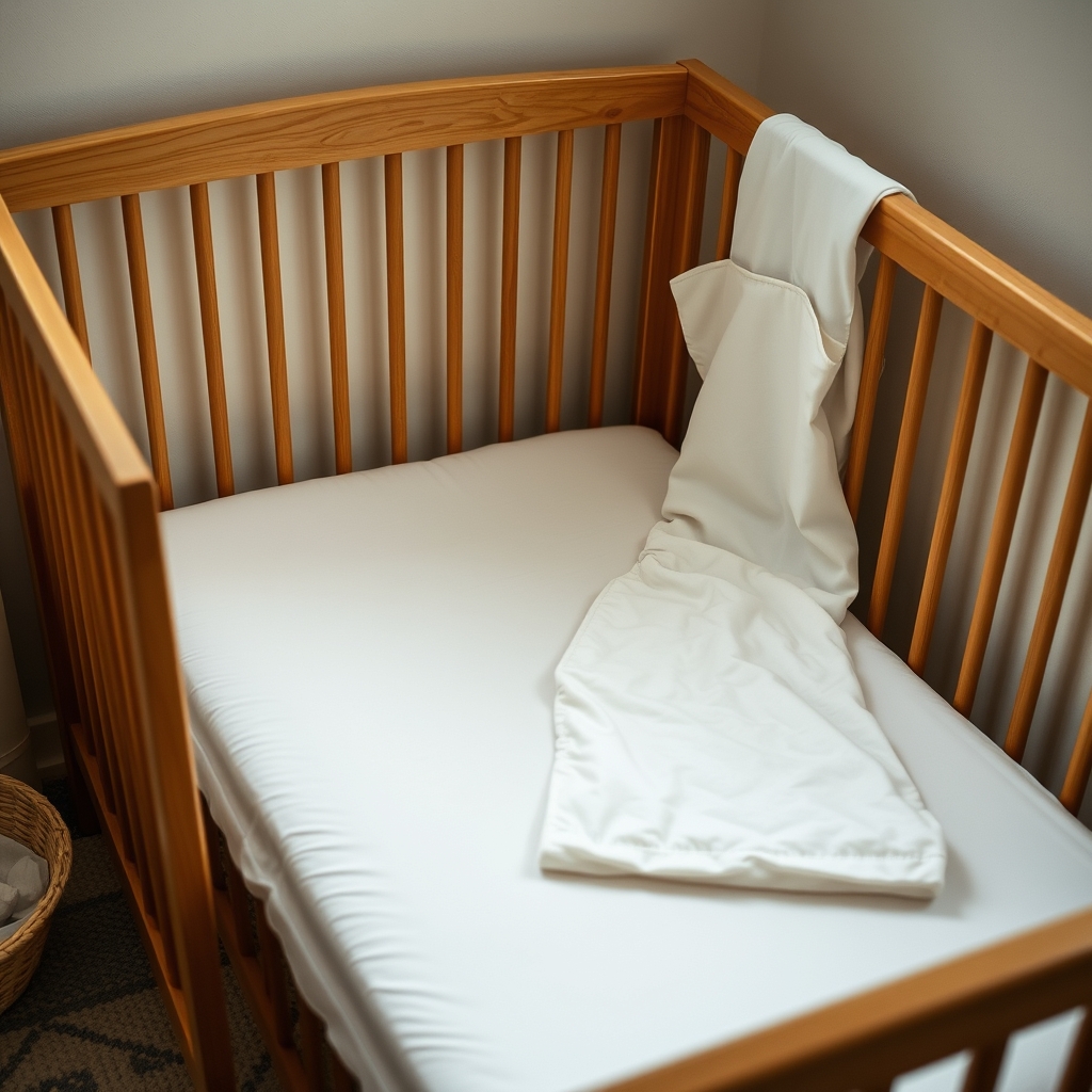 A calm nursery corner set up for safe baby sleep — an empty cot with a fitted sheet, a baby sleeping bag and a soft nightlight.