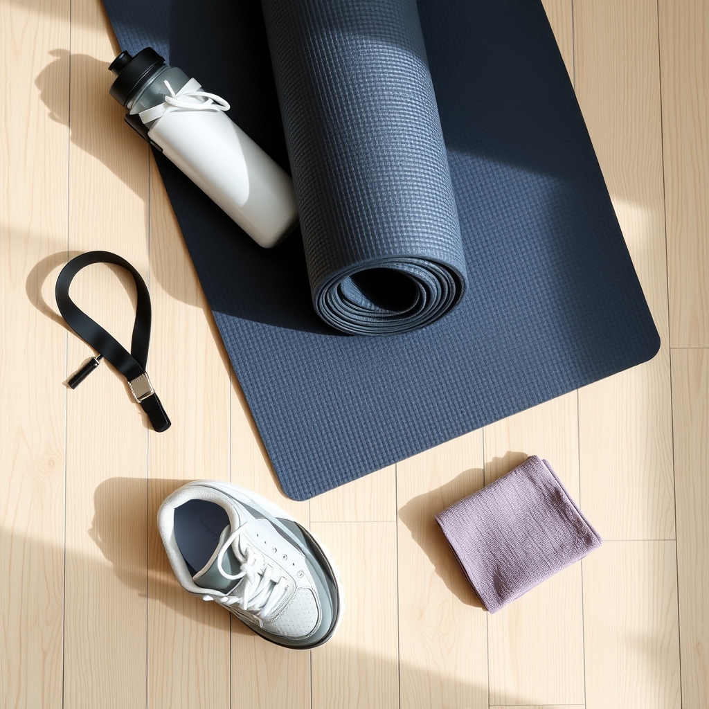 Pregnancy-safe exercise essentials — a rolled yoga mat, trainers, a water bottle and a resistance band on a bright wooden floor.