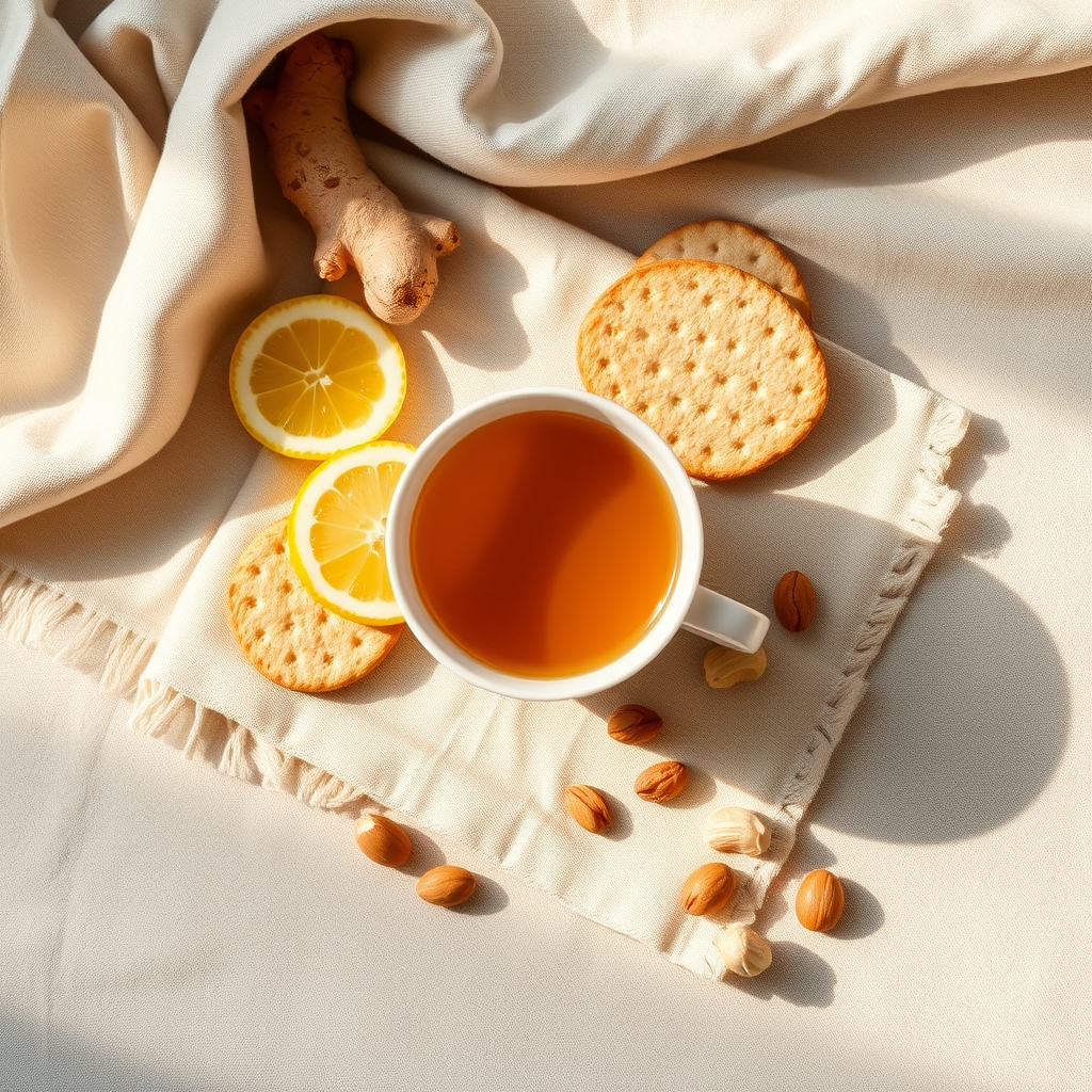 Gentle nausea-relief remedies — ginger tea, dry crackers, fresh ginger and lemon on a soft linen surface.