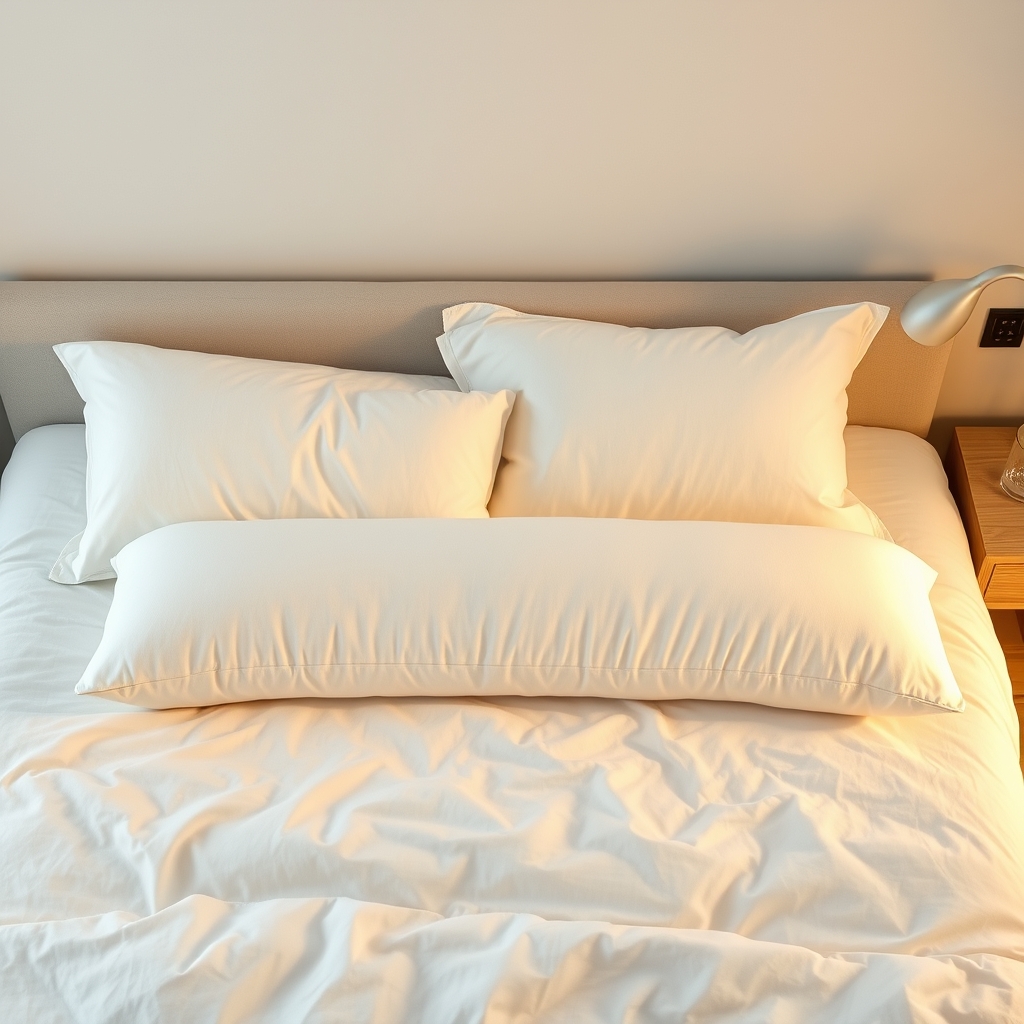 A restful bedroom scene — soft pillows including a long pregnancy support pillow on a neatly made bed in warm low light.